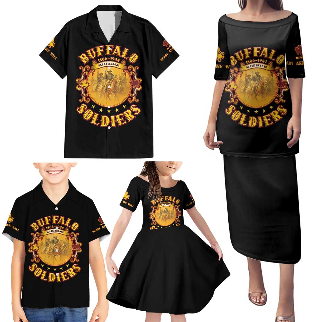 Honor Buffalo Soldiers Family Matching Puletasi and Hawaiian Shirt African American Cavalry Black Version - Wonder Print Shop