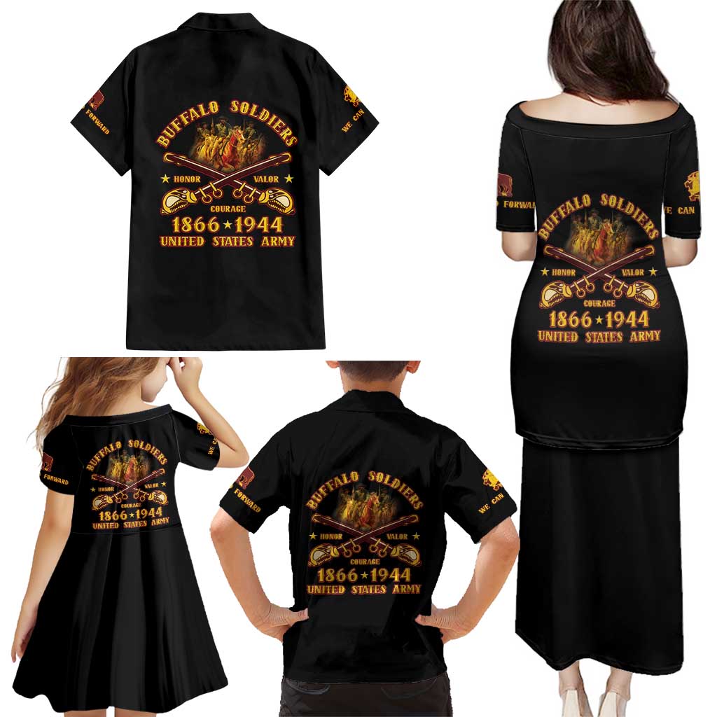 Honor Buffalo Soldiers Family Matching Puletasi and Hawaiian Shirt African American Cavalry Black Version - Wonder Print Shop