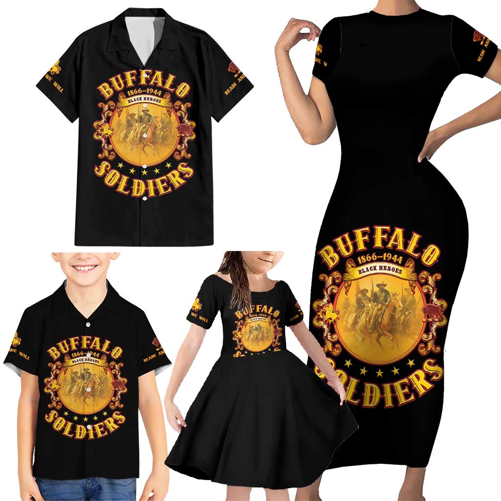 Honor Buffalo Soldiers Family Matching Short Sleeve Bodycon Dress and Hawaiian Shirt African American Cavalry Black Version - Wonder Print Shop