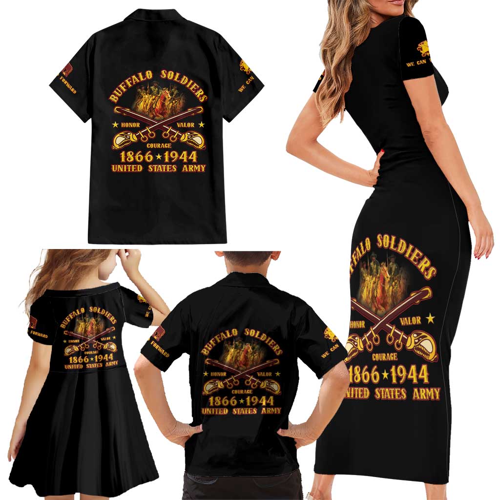 Honor Buffalo Soldiers Family Matching Short Sleeve Bodycon Dress and Hawaiian Shirt African American Cavalry Black Version - Wonder Print Shop