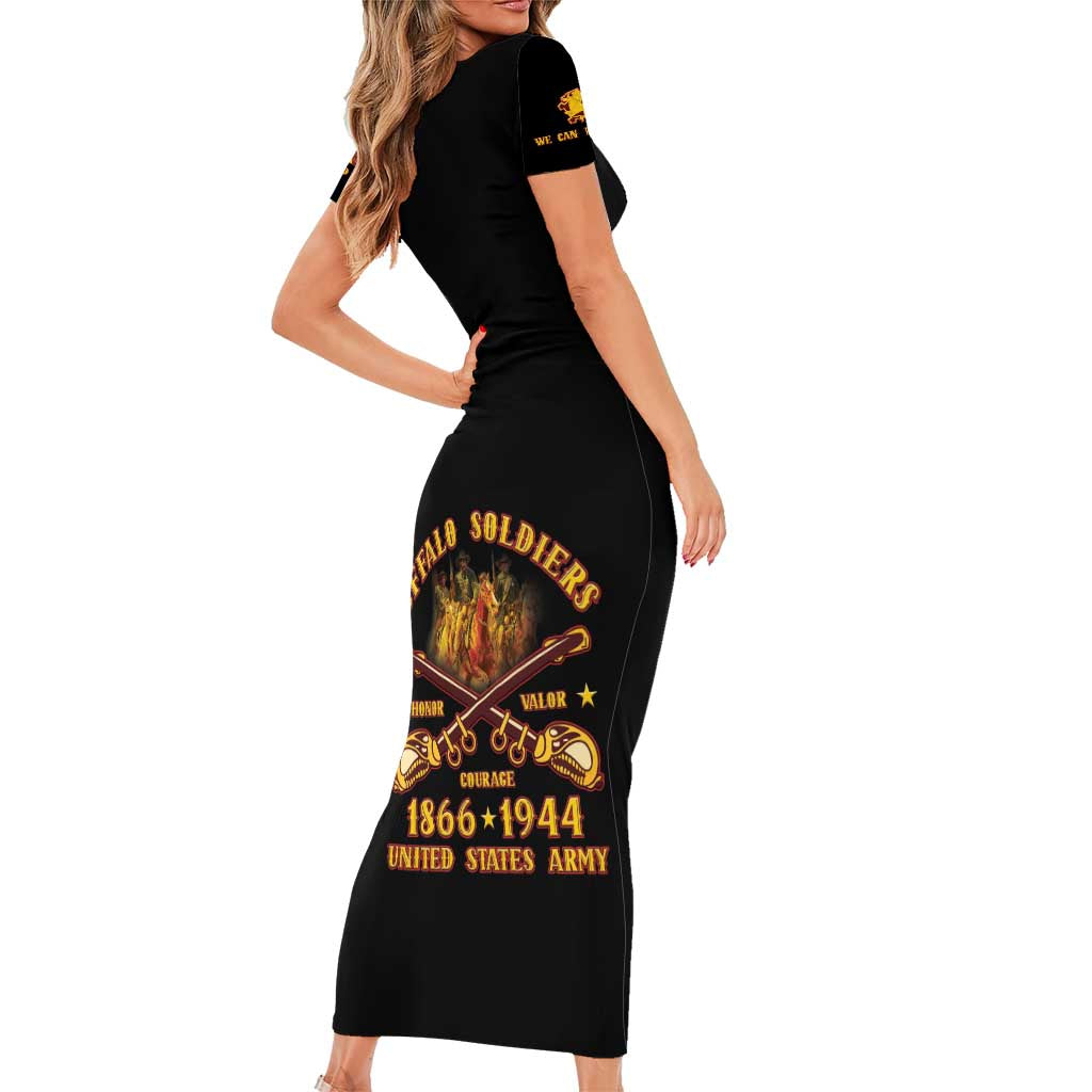 Honor Buffalo Soldiers Family Matching Short Sleeve Bodycon Dress and Hawaiian Shirt African American Cavalry Black Version - Wonder Print Shop