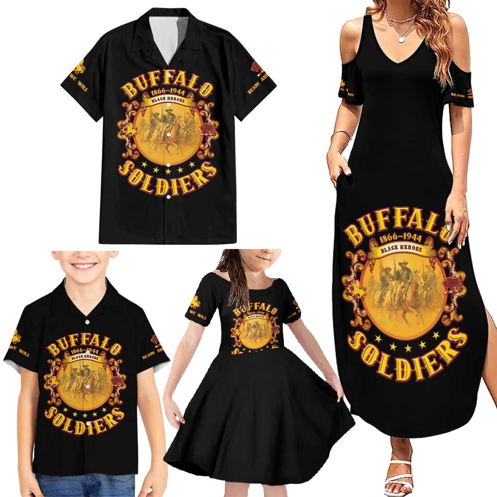 Honor Buffalo Soldiers Family Matching Summer Maxi Dress and Hawaiian Shirt African American Cavalry Black Version - Wonder Print Shop