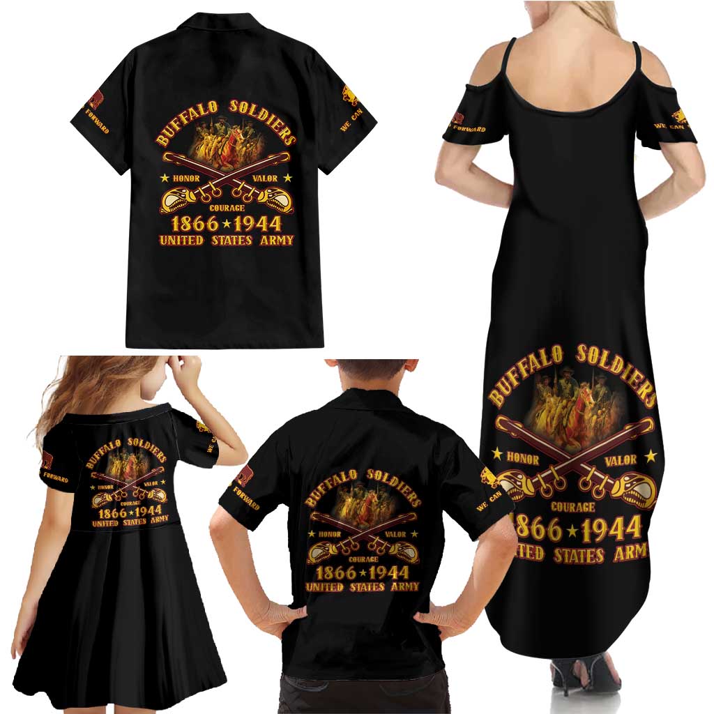 Honor Buffalo Soldiers Family Matching Summer Maxi Dress and Hawaiian Shirt African American Cavalry Black Version - Wonder Print Shop