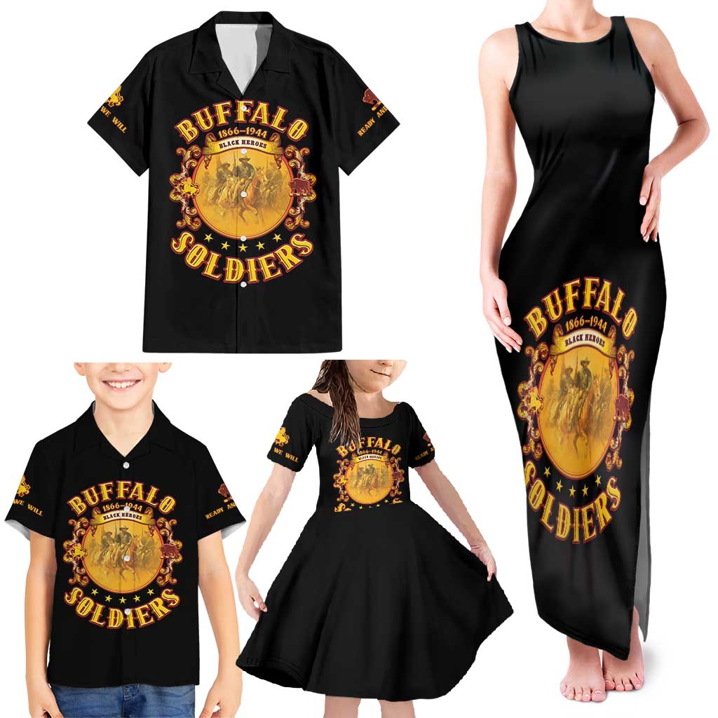 Honor Buffalo Soldiers Family Matching Tank Maxi Dress and Hawaiian Shirt African American Cavalry Black Version - Wonder Print Shop