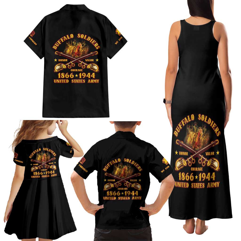 Honor Buffalo Soldiers Family Matching Tank Maxi Dress and Hawaiian Shirt African American Cavalry Black Version - Wonder Print Shop