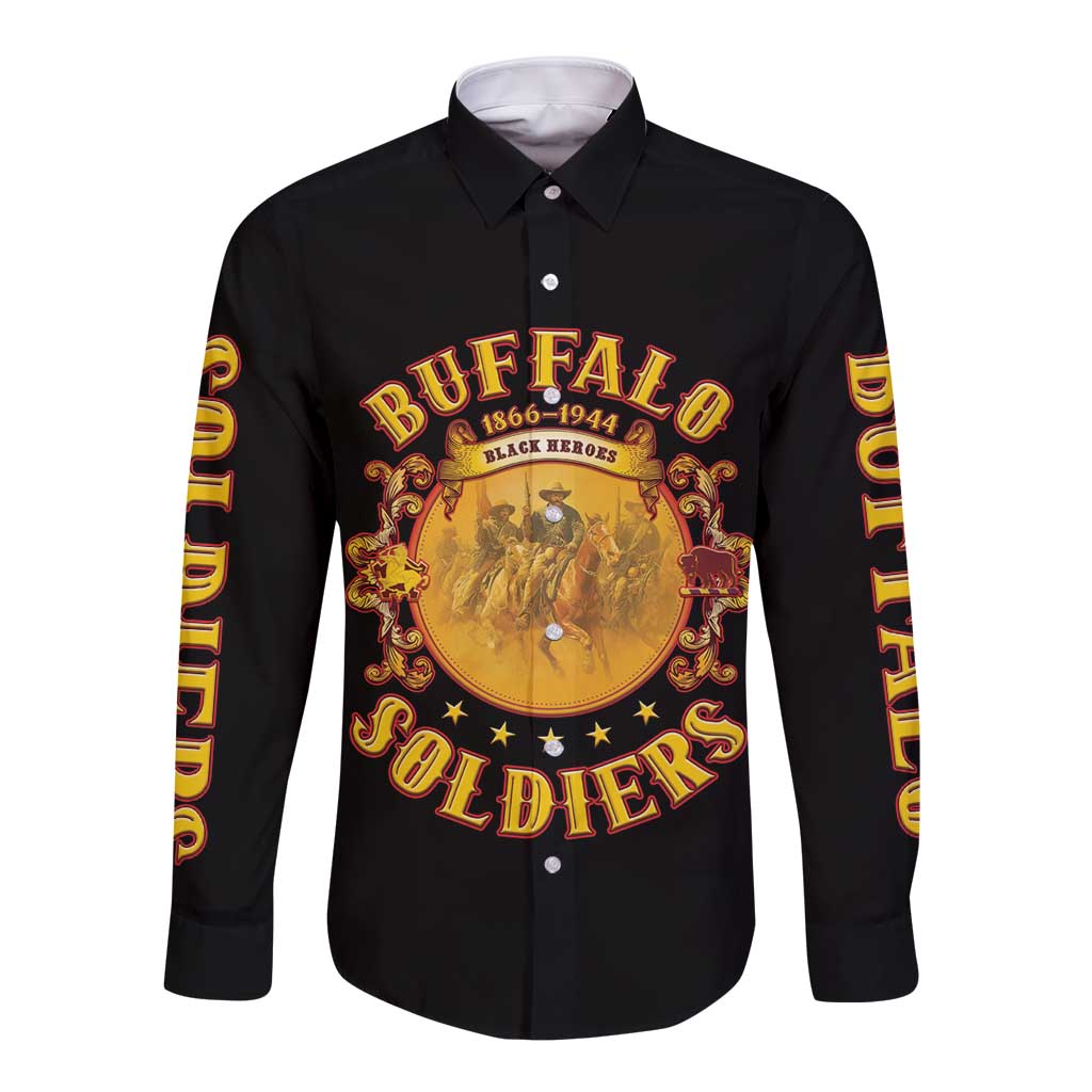 Honor Buffalo Soldiers Long Sleeve Button Shirt African American Cavalry Black Version - Wonder Print Shop