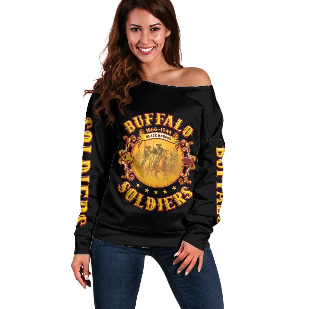 Honor Buffalo Soldiers Off Shoulder Sweater African American Cavalry Black Version - Wonder Print Shop