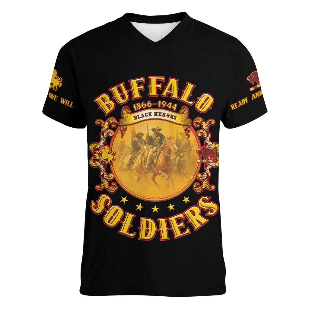 Honor Buffalo Soldiers Women V-Neck T-Shirt African American Cavalry Black Version - Wonder Print Shop
