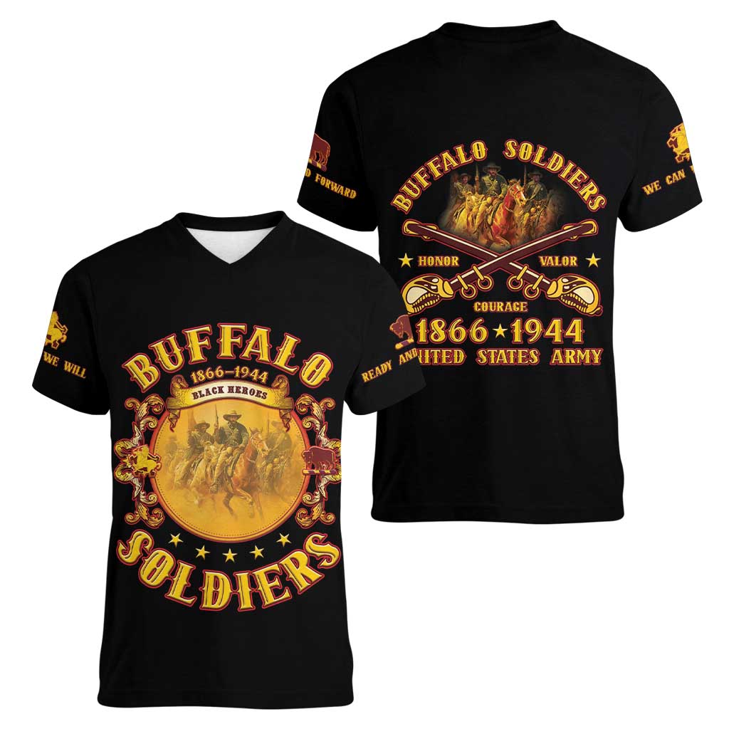 Honor Buffalo Soldiers Women V-Neck T-Shirt African American Cavalry Black Version - Wonder Print Shop