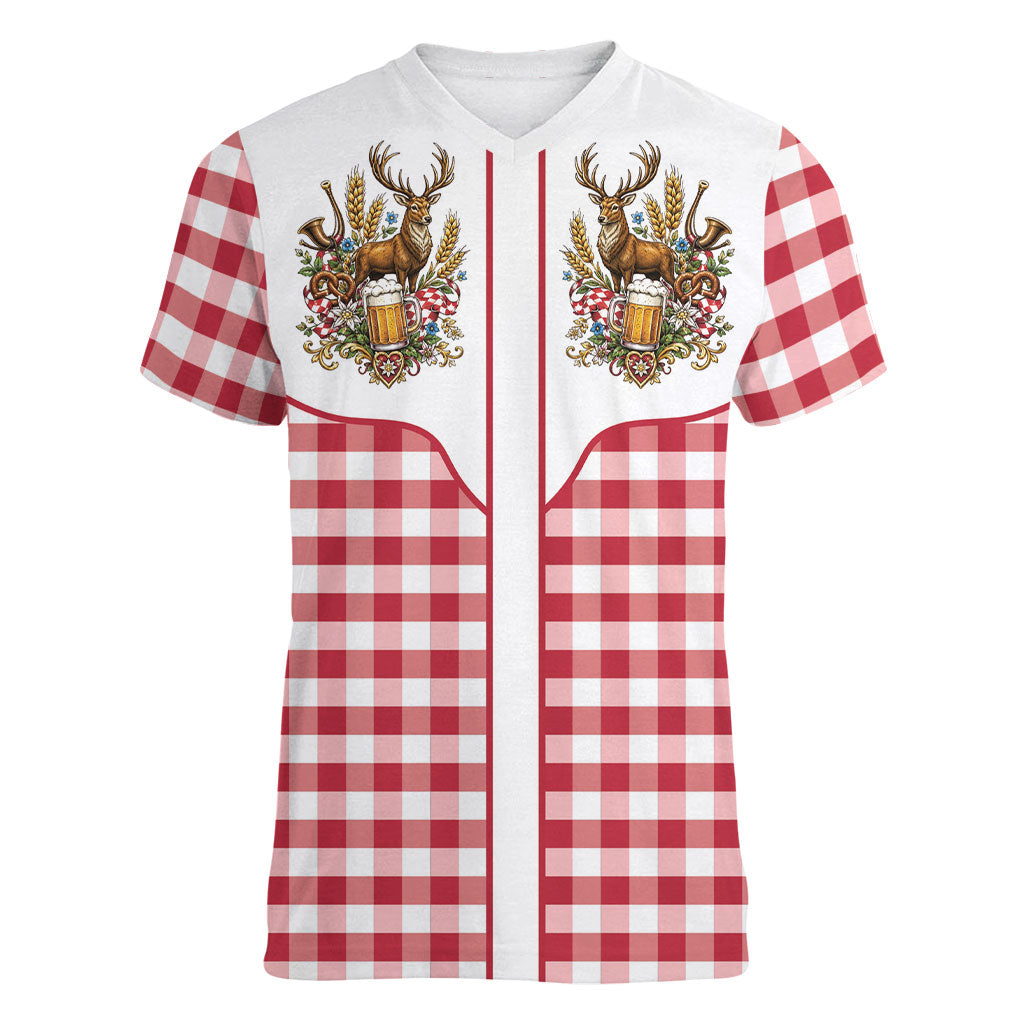 Oktoberfest Women V-Neck T-Shirt Country Cowboy Style Red Version