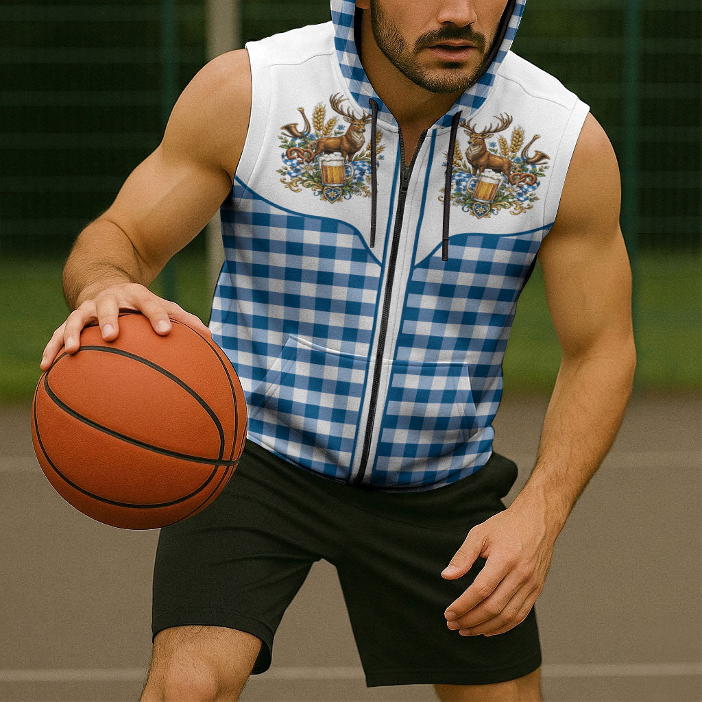 Oktoberfest Sleeveless Zip Hoodie Country Cowboy Style Blue Version