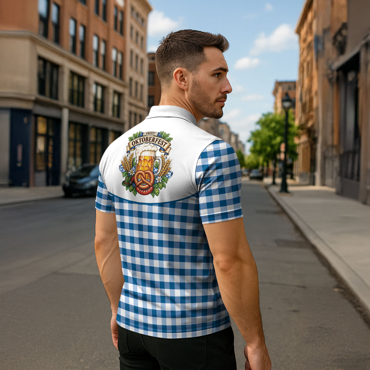 Oktoberfest Zipper Polo Shirt Country Cowboy Style Blue Version