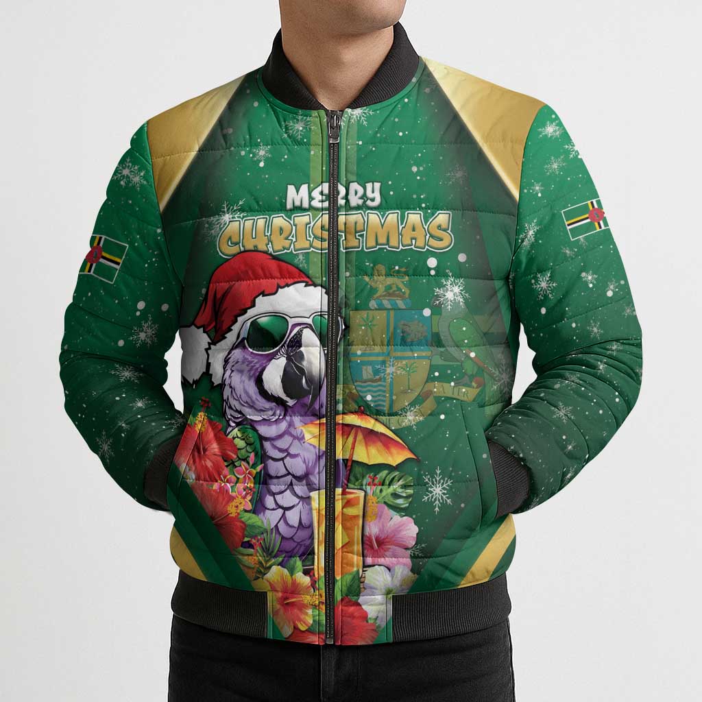 Dominica Christmas Bomber Puffer Jacket Funny Santa Sisserou Parrot - Wonder Print Shop