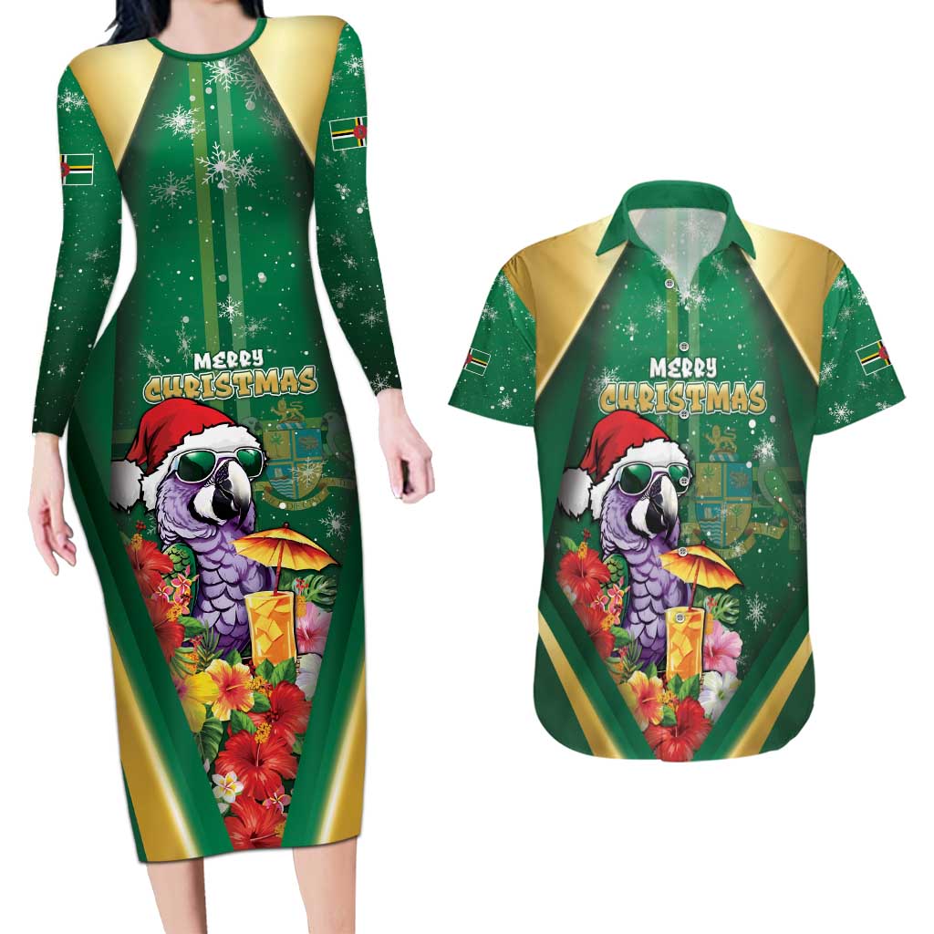 Dominica Christmas Couples Matching Long Sleeve Bodycon Dress and Hawaiian Shirt Funny Santa Sisserou Parrot - Wonder Print Shop
