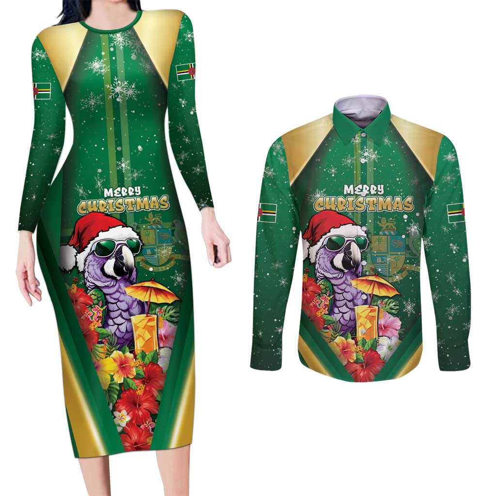 Dominica Christmas Couples Matching Long Sleeve Bodycon Dress and Long Sleeve Button Shirt Funny Santa Sisserou Parrot - Wonder Print Shop
