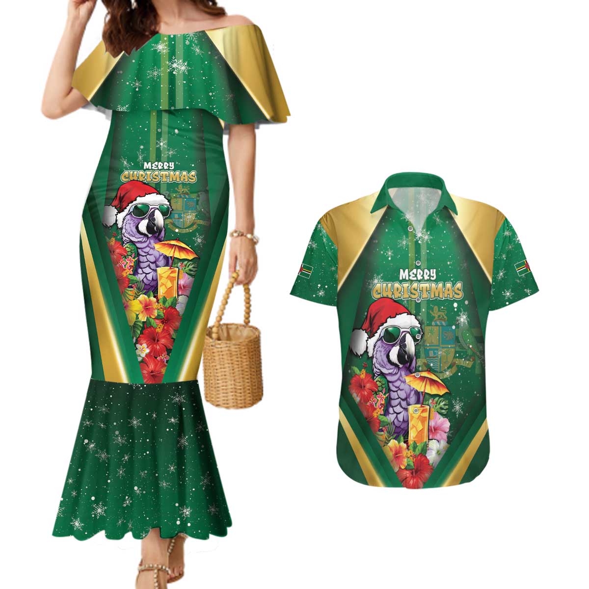 Dominica Christmas Couples Matching Mermaid Dress and Hawaiian Shirt Funny Santa Sisserou Parrot - Wonder Print Shop