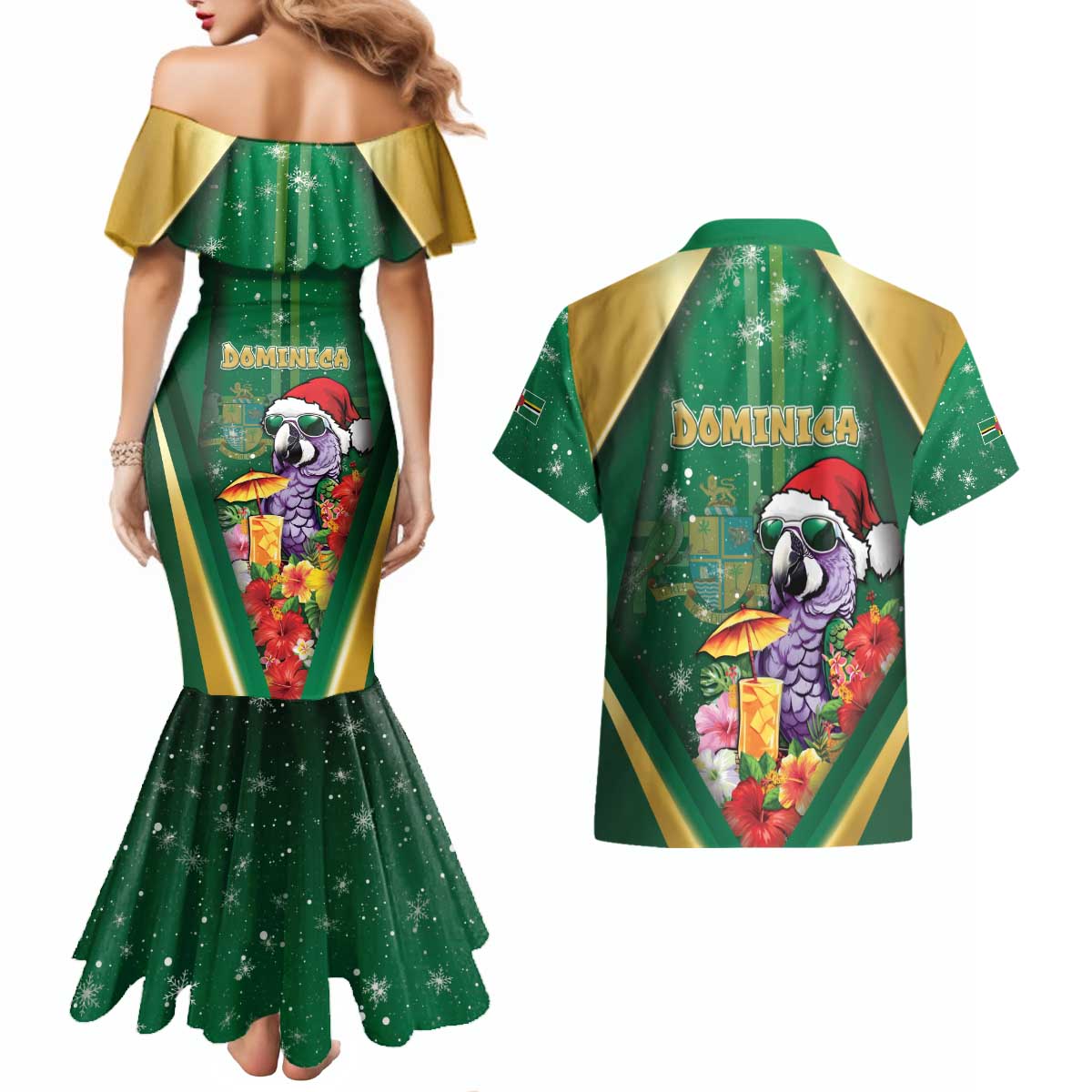 Dominica Christmas Couples Matching Mermaid Dress and Hawaiian Shirt Funny Santa Sisserou Parrot - Wonder Print Shop