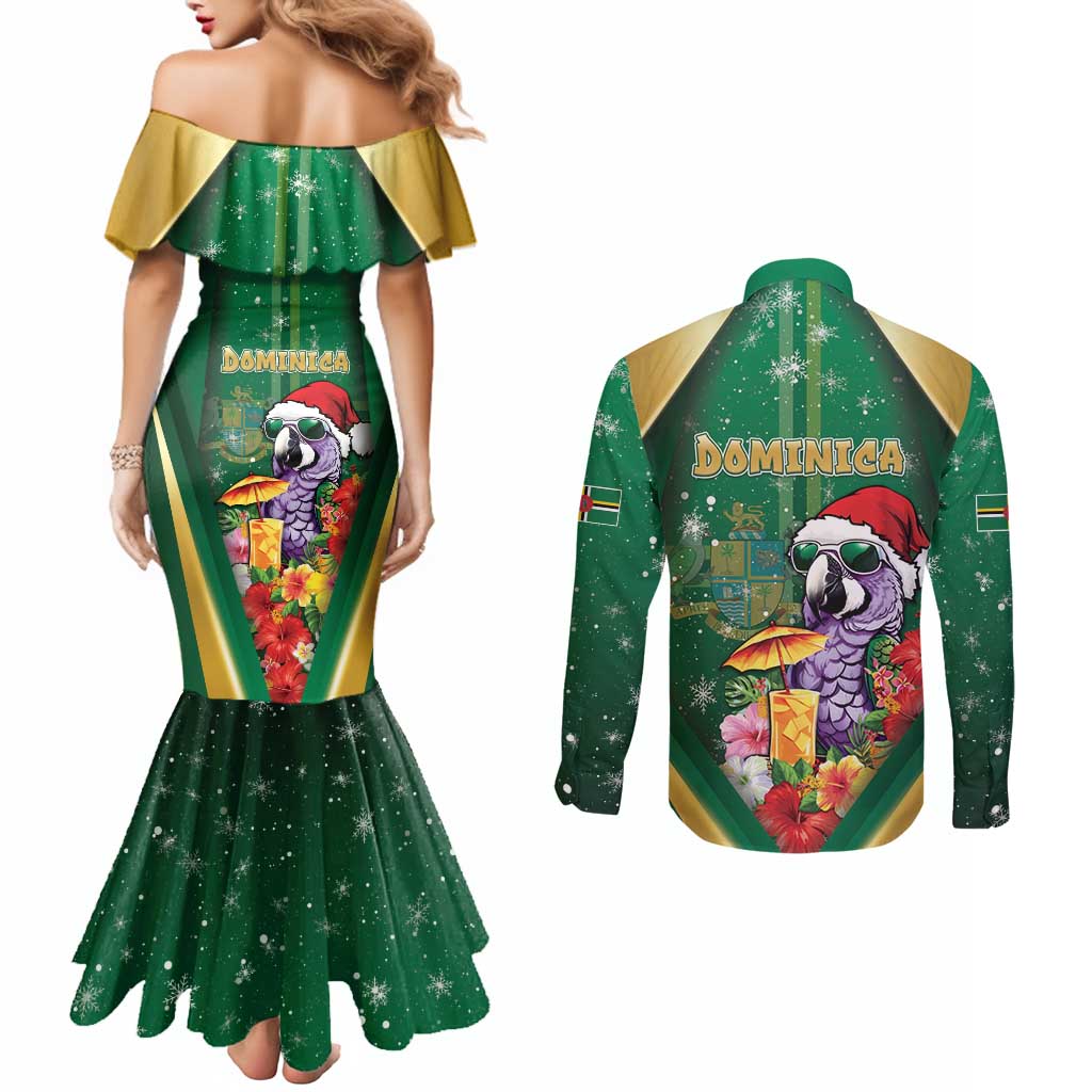 Dominica Christmas Couples Matching Mermaid Dress and Long Sleeve Button Shirt Funny Santa Sisserou Parrot - Wonder Print Shop