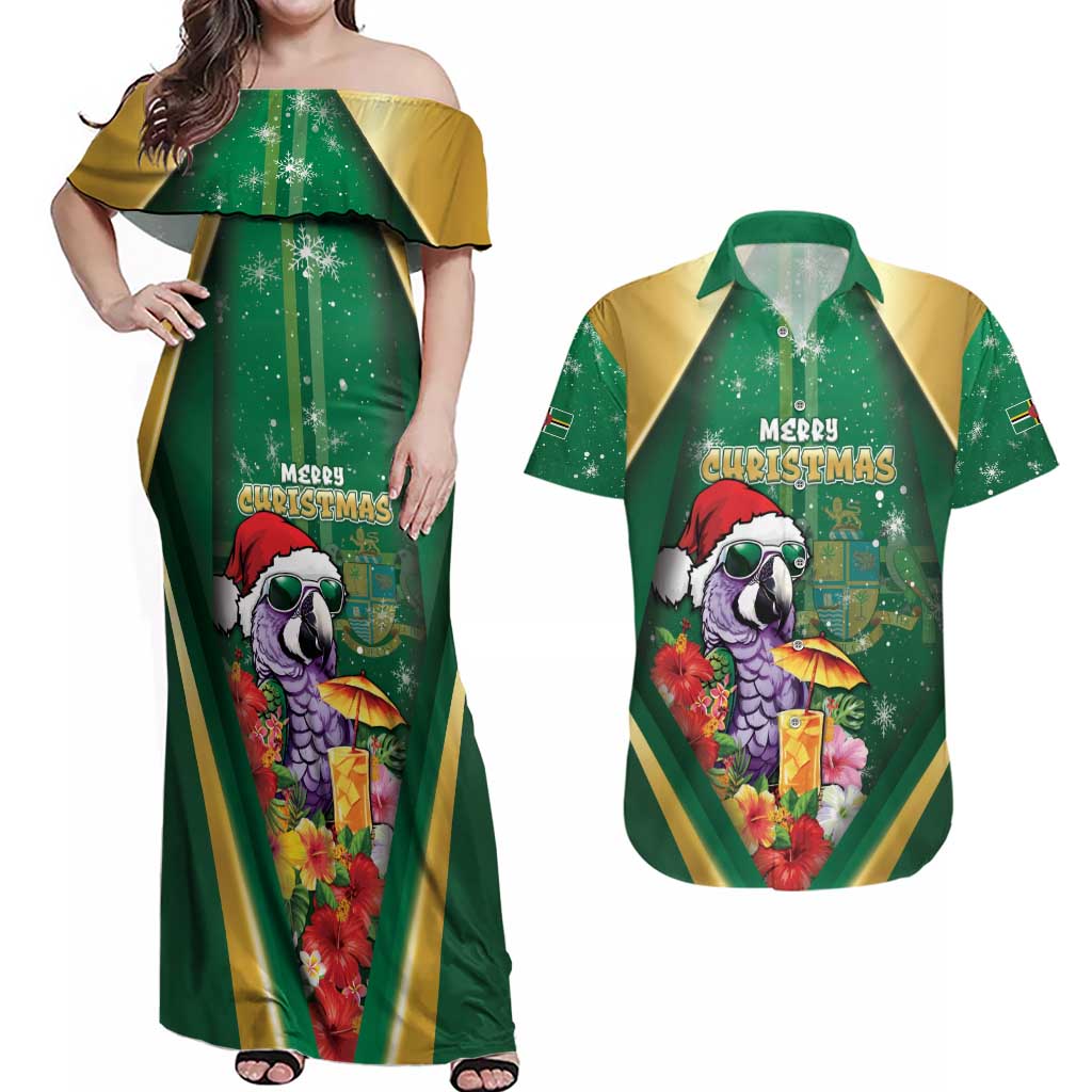 Dominica Christmas Couples Matching Off Shoulder Maxi Dress and Hawaiian Shirt Funny Santa Sisserou Parrot - Wonder Print Shop