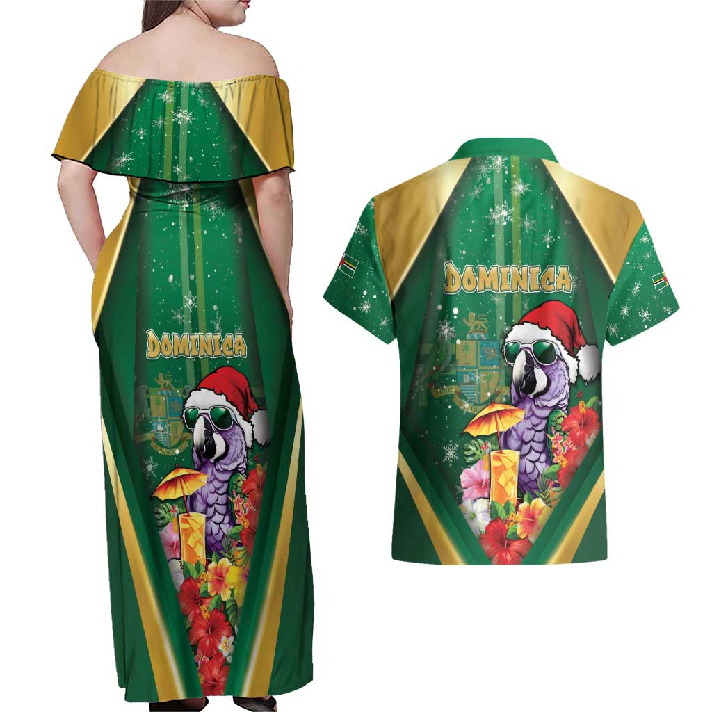 Dominica Christmas Couples Matching Off Shoulder Maxi Dress and Hawaiian Shirt Funny Santa Sisserou Parrot - Wonder Print Shop