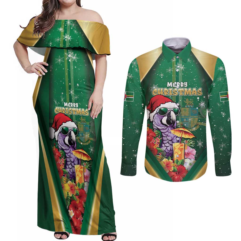 Dominica Christmas Couples Matching Off Shoulder Maxi Dress and Long Sleeve Button Shirt Funny Santa Sisserou Parrot - Wonder Print Shop