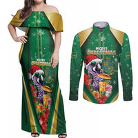 Dominica Christmas Couples Matching Off Shoulder Maxi Dress and Long Sleeve Button Shirt Funny Santa Sisserou Parrot - Wonder Print Shop