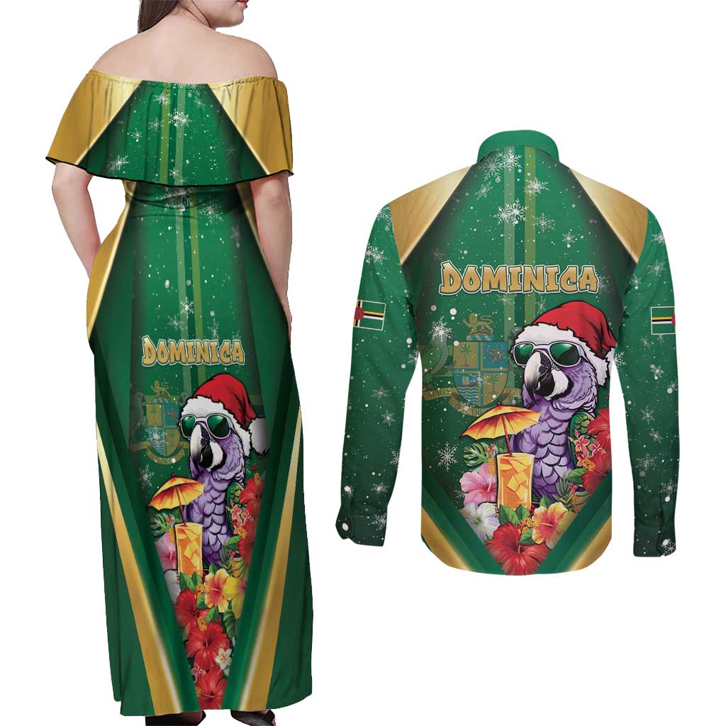 Dominica Christmas Couples Matching Off Shoulder Maxi Dress and Long Sleeve Button Shirt Funny Santa Sisserou Parrot - Wonder Print Shop