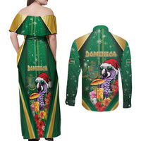 Dominica Christmas Couples Matching Off Shoulder Maxi Dress and Long Sleeve Button Shirt Funny Santa Sisserou Parrot - Wonder Print Shop