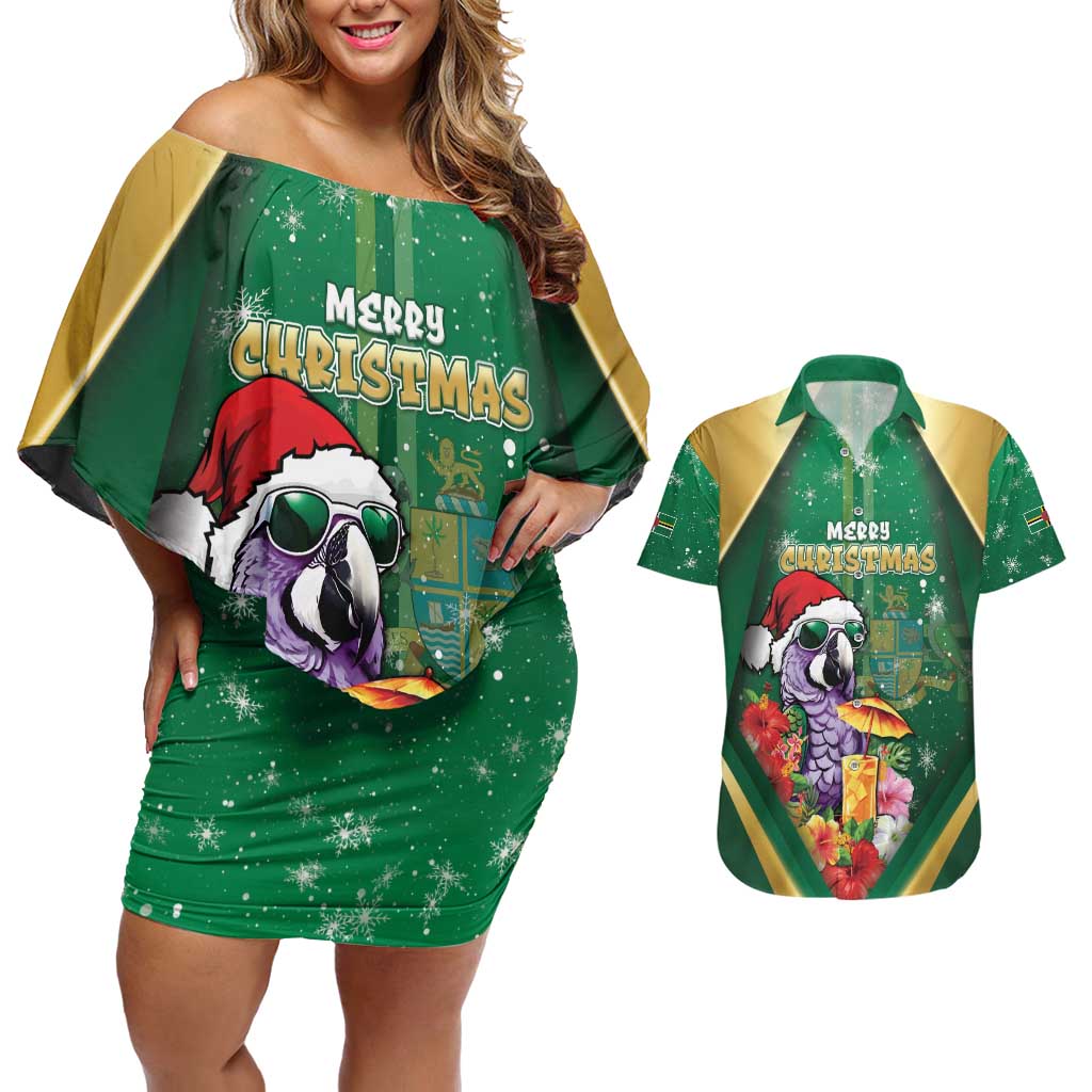 Dominica Christmas Couples Matching Off Shoulder Short Dress and Hawaiian Shirt Funny Santa Sisserou Parrot - Wonder Print Shop