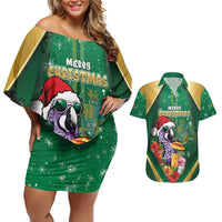 Dominica Christmas Couples Matching Off Shoulder Short Dress and Hawaiian Shirt Funny Santa Sisserou Parrot - Wonder Print Shop