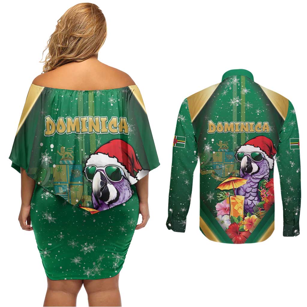 Dominica Christmas Couples Matching Off Shoulder Short Dress and Long Sleeve Button Shirt Funny Santa Sisserou Parrot - Wonder Print Shop