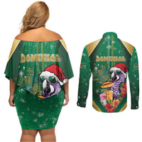 Dominica Christmas Couples Matching Off Shoulder Short Dress and Long Sleeve Button Shirt Funny Santa Sisserou Parrot - Wonder Print Shop