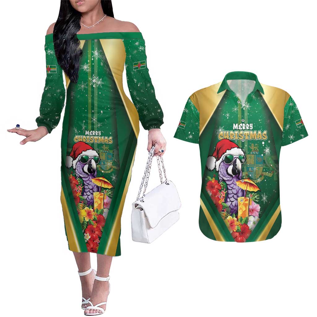 Dominica Christmas Couples Matching Off The Shoulder Long Sleeve Dress and Hawaiian Shirt Funny Santa Sisserou Parrot - Wonder Print Shop