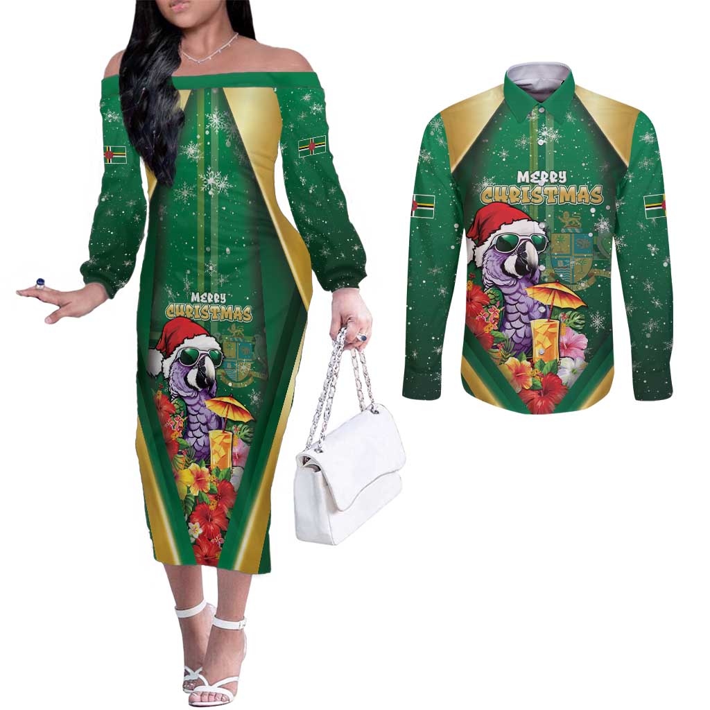 Dominica Christmas Couples Matching Off The Shoulder Long Sleeve Dress and Long Sleeve Button Shirt Funny Santa Sisserou Parrot - Wonder Print Shop