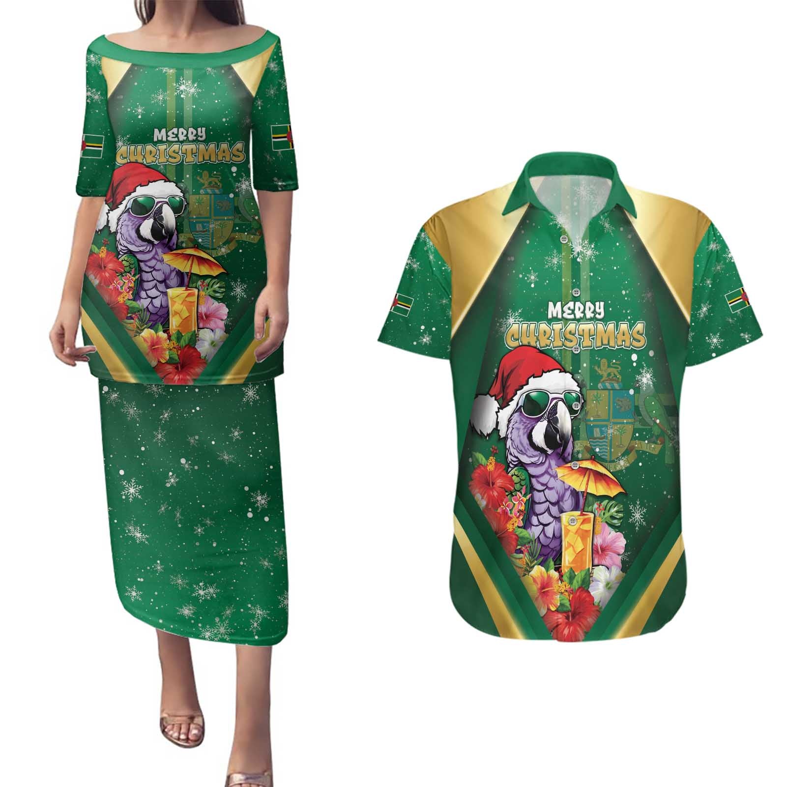 Dominica Christmas Couples Matching Puletasi and Hawaiian Shirt Funny Santa Sisserou Parrot - Wonder Print Shop