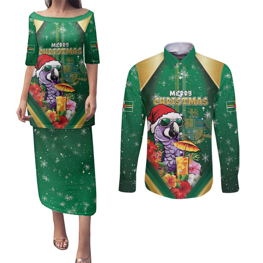 Dominica Christmas Couples Matching Puletasi and Long Sleeve Button Shirt Funny Santa Sisserou Parrot - Wonder Print Shop