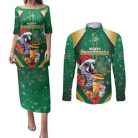 Dominica Christmas Couples Matching Puletasi and Long Sleeve Button Shirt Funny Santa Sisserou Parrot - Wonder Print Shop