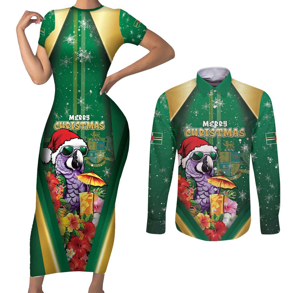 Dominica Christmas Couples Matching Short Sleeve Bodycon Dress and Long Sleeve Button Shirt Funny Santa Sisserou Parrot - Wonder Print Shop