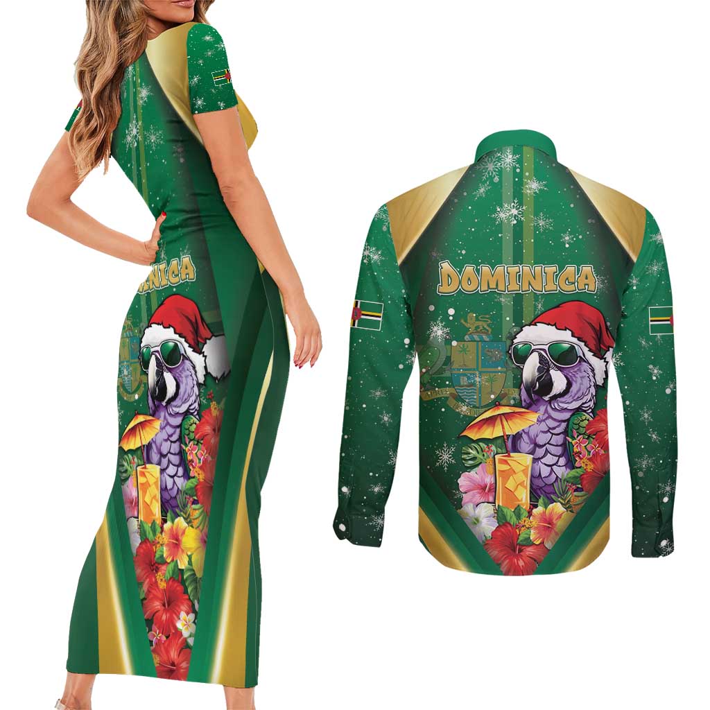 Dominica Christmas Couples Matching Short Sleeve Bodycon Dress and Long Sleeve Button Shirt Funny Santa Sisserou Parrot - Wonder Print Shop