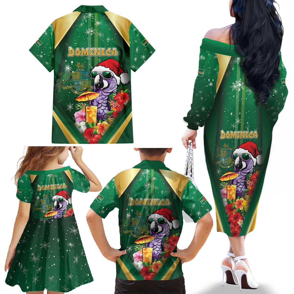 Dominica Christmas Family Matching Off The Shoulder Long Sleeve Dress and Hawaiian Shirt Funny Santa Sisserou Parrot - Wonder Print Shop