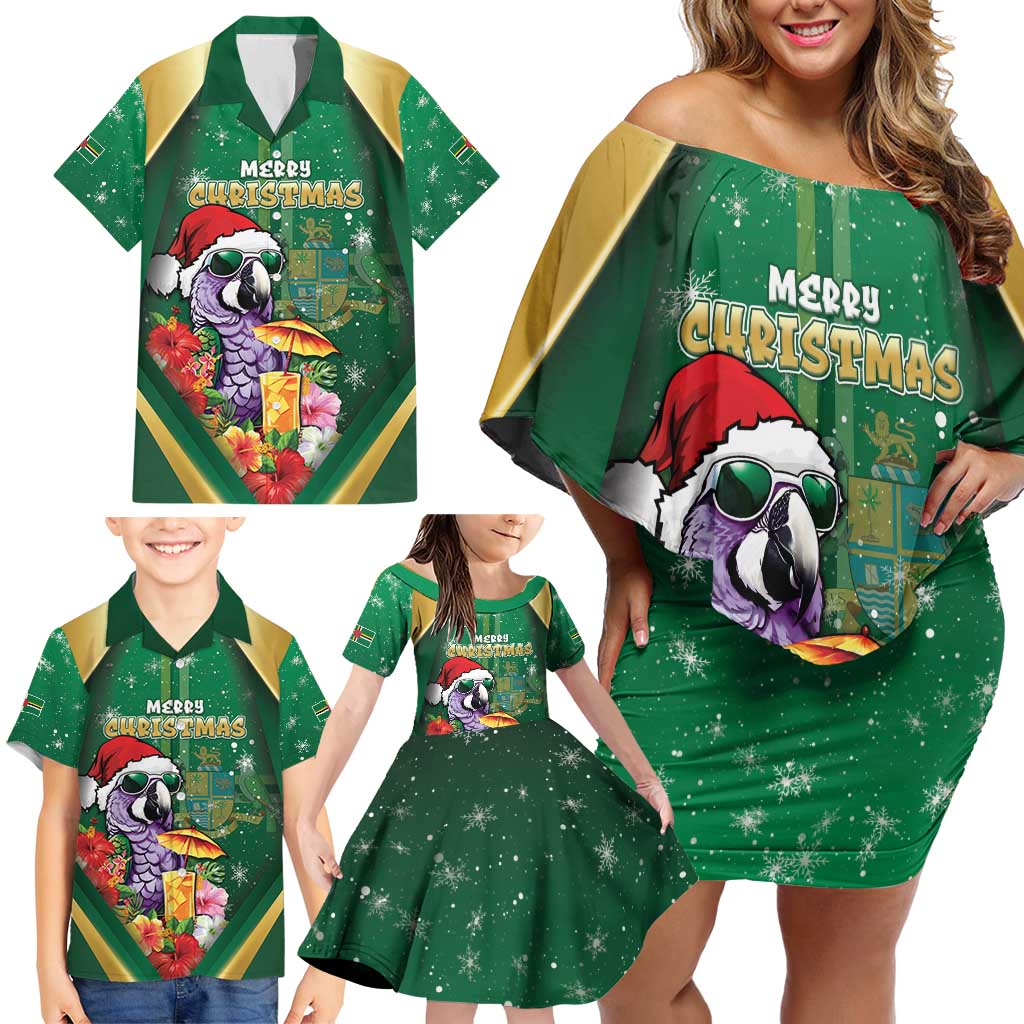 Dominica Christmas Family Matching Off Shoulder Short Dress and Hawaiian Shirt Funny Santa Sisserou Parrot - Wonder Print Shop