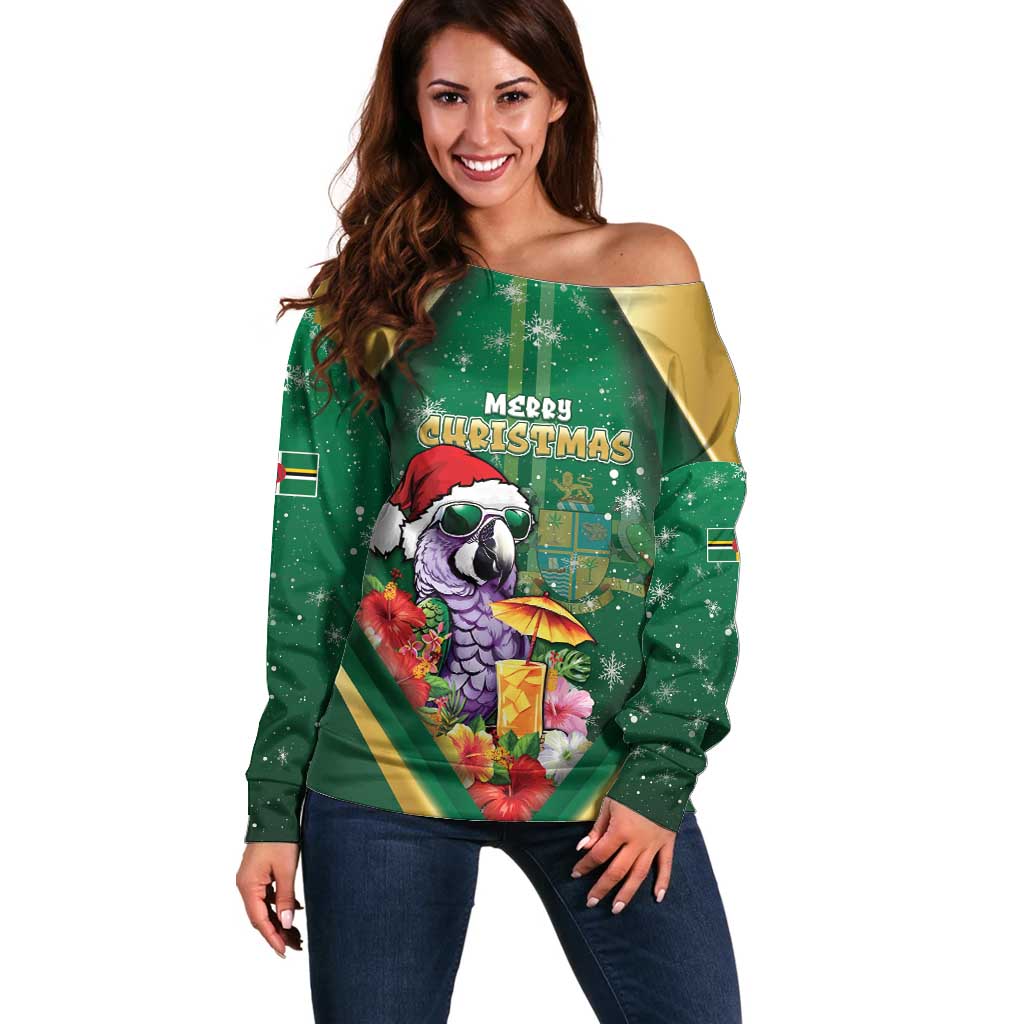Dominica Christmas Off Shoulder Sweater Funny Santa Sisserou Parrot - Wonder Print Shop