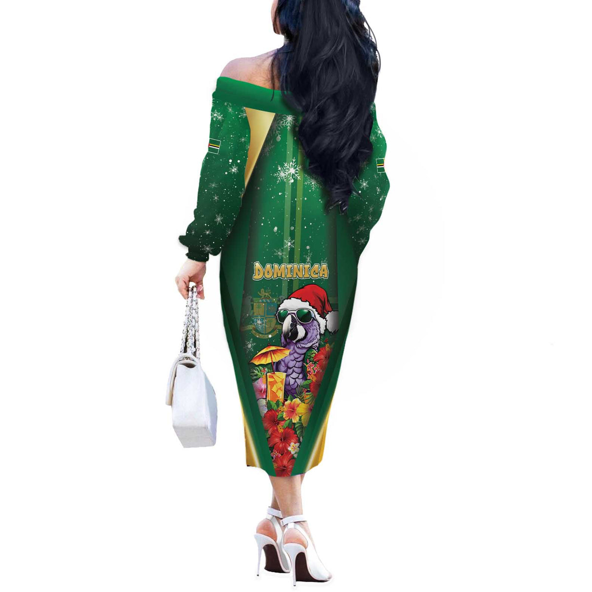 Dominica Christmas Off The Shoulder Long Sleeve Dress Funny Santa Sisserou Parrot - Wonder Print Shop