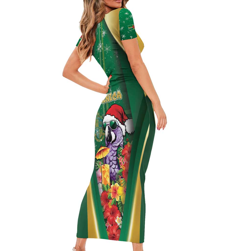 Dominica Christmas Short Sleeve Bodycon Dress Funny Santa Sisserou Parrot - Wonder Print Shop