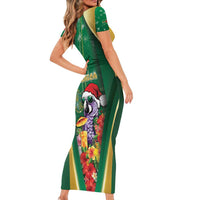 Dominica Christmas Short Sleeve Bodycon Dress Funny Santa Sisserou Parrot - Wonder Print Shop