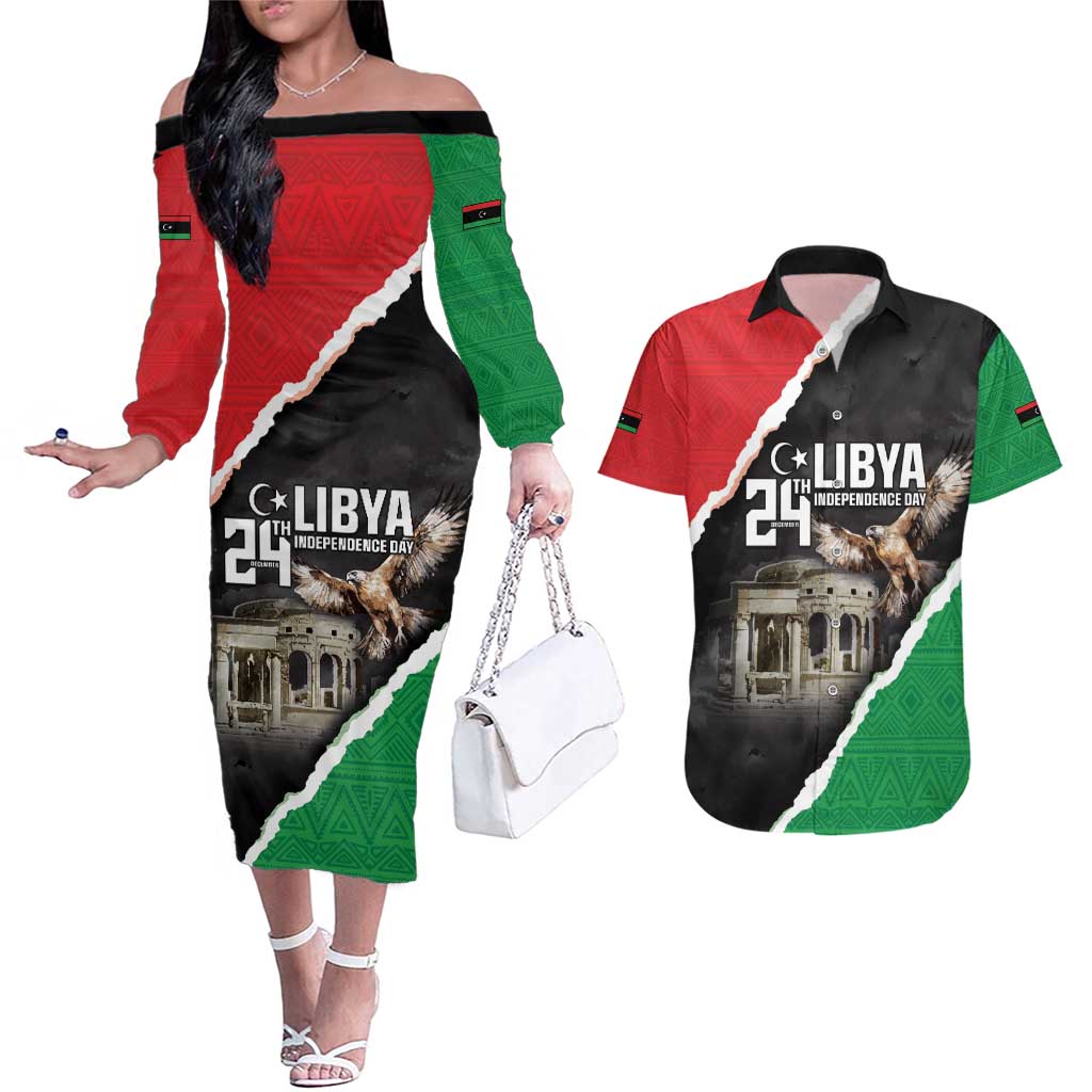 Happy Libya Independence Day Couples Matching Off The Shoulder Long Sleeve Dress and Hawaiian Shirt Libya In My Heart LT05 - Wonder Print Shop
