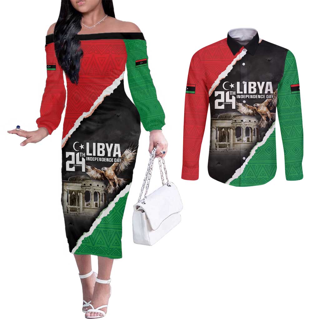 Happy Libya Independence Day Couples Matching Off The Shoulder Long Sleeve Dress and Long Sleeve Button Shirt Libya In My Heart