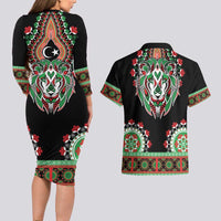 Libya Barbary Lion Couples Matching Long Sleeve Bodycon Dress and Hawaiian Shirt Dashiki Simple Style LT05 - Wonder Print Shop