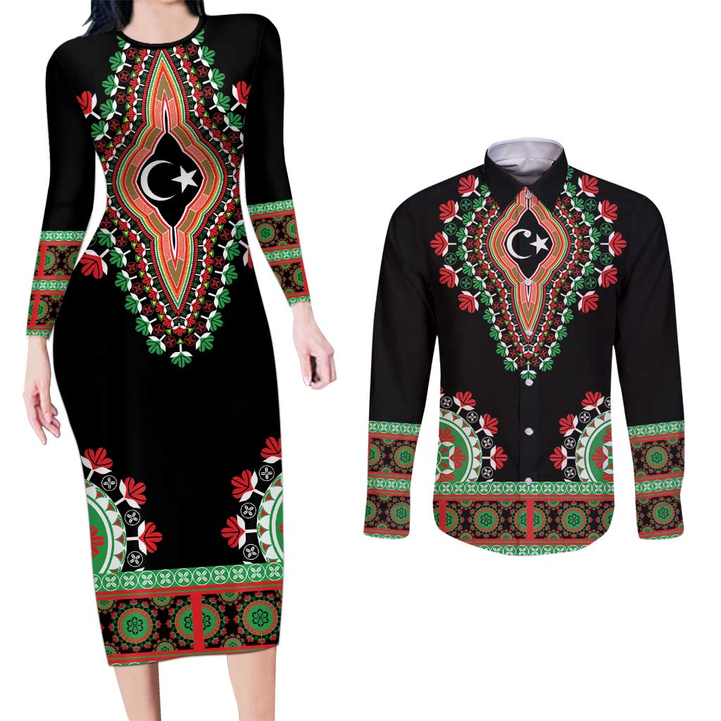 Libya Barbary Lion Couples Matching Long Sleeve Bodycon Dress and Long Sleeve Button Shirt Dashiki Simple Style LT05 - Wonder Print Shop