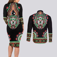 Libya Barbary Lion Couples Matching Long Sleeve Bodycon Dress and Long Sleeve Button Shirt Dashiki Simple Style LT05 - Wonder Print Shop